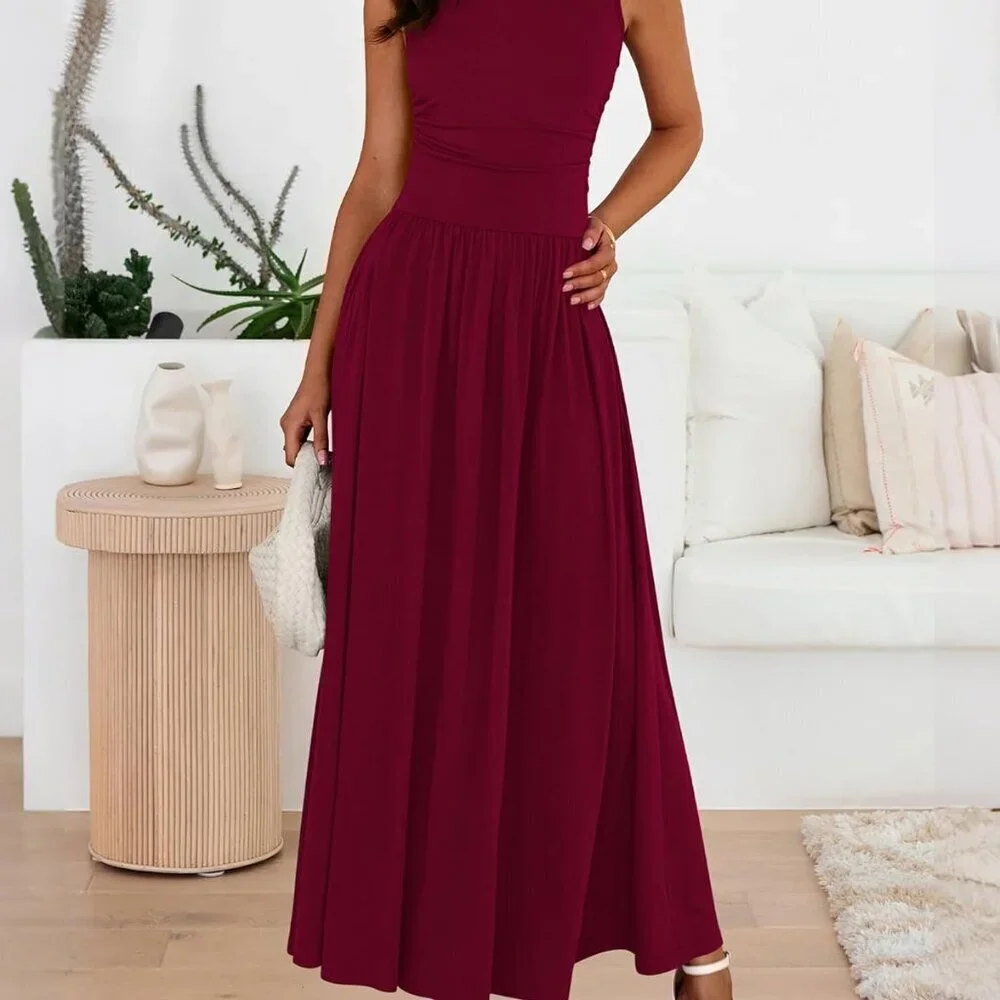 Summer Maxi Dress Women Casual Sleeveless Ruched High Waist Flowy Beach Dress - Picture 5 of 8